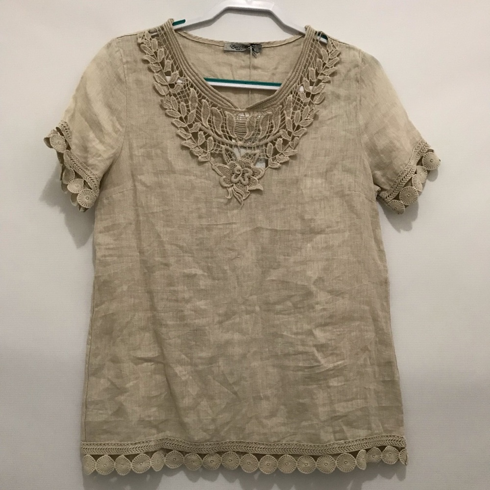 NWT Elena Baldi Elegant Beige Linen Lace Trim Top Size L